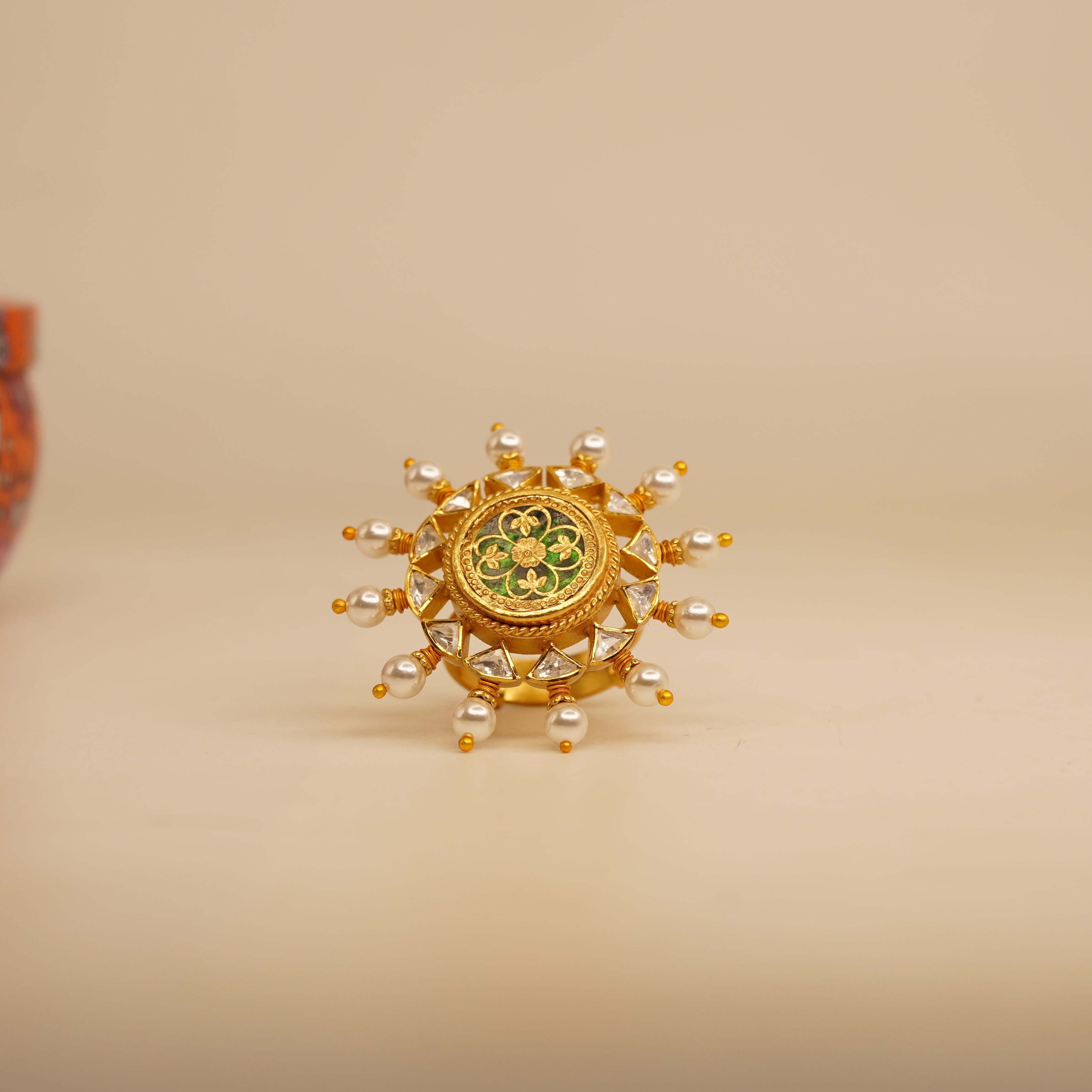 Thewa kundan ring with pearls